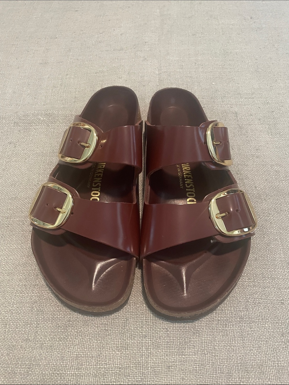 Birkenstock Arizona Sandals in Burgundy with Gold Buckles